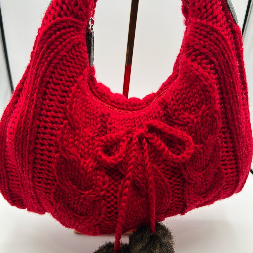 BATH & BODY WORKS RED SWEATER PURSE/FAUX FUR POMS